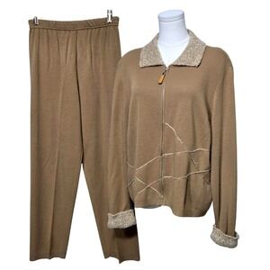 Vintage Karen Lessly Sweater Set Womens‎ Petite Medium Tan Knit 2 Piece USA 90s